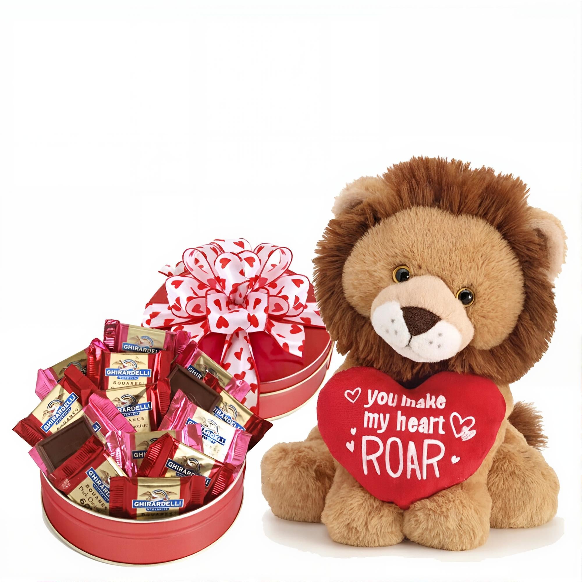 You Make My Heart Roar Plush Lion Valentine Gift with chocolates